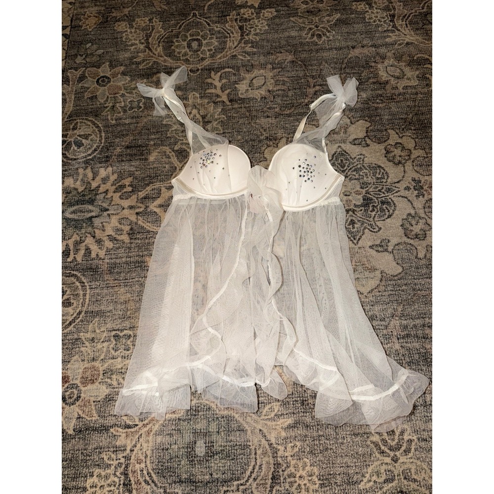 Vintage Victoria's Secret Bridal White Tulle Rhinestone Babydoll Chemise Tank